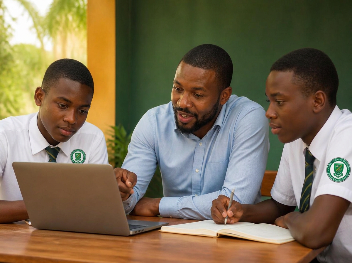An Old Boy mentoring two BBHS students over a laptop